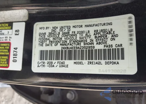 2010 Toyota Corolla Le z USA, uszkodzony, nr VIN 1NXBU4EE9AZ352959